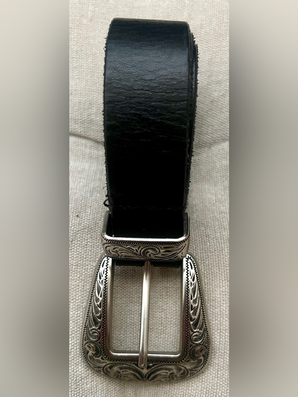 Vintage Urban Outfitters Black Leather Western Belt with Engraved Silver Buckle